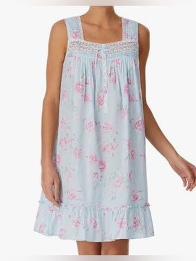 Eileen West Cottage Rose Cotton Lawn Sleeveless Short Gown-Sz XL